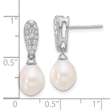Sterlingsilber Rhodiniert 8-9mm Fwc Perle und Zirkonia Stecker Ohrhänger