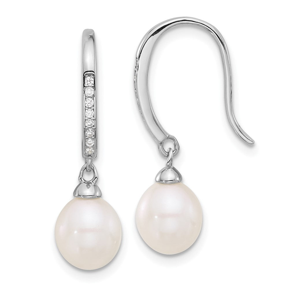 Sterlingsilber Rhodiniert Poliert 7-8mm Fwc Perle und Zirkonia Ohrhänger