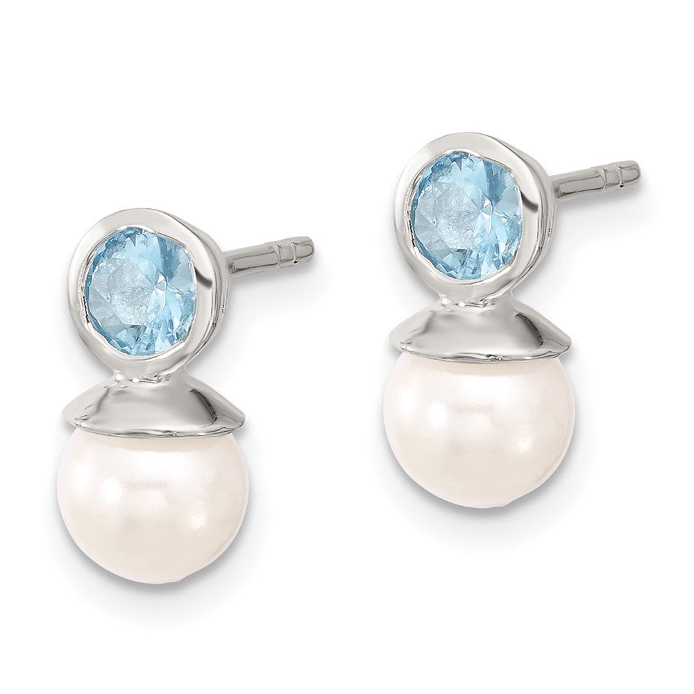 Sterlingsilber Poliert Blau Zirkonia und 6-6.5mm Glas Perle Ohrstecker