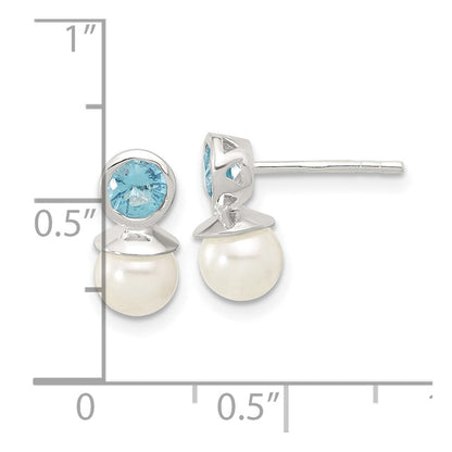 Sterlingsilber Poliert Blau Zirkonia und 6-6.5mm Glas Perle Ohrstecker