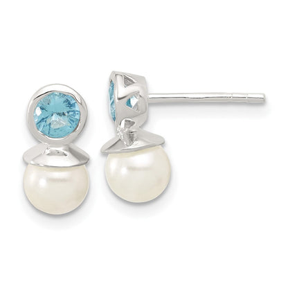Sterlingsilber Poliert Blau Zirkonia und 6-6.5mm Glas Perle Ohrstecker
