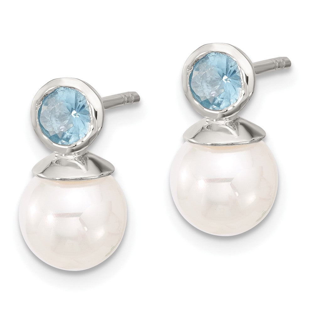 Sterlingsilber Poliert Blau Zirkonia und 8-8.5mm Glas Perle Ohrstecker