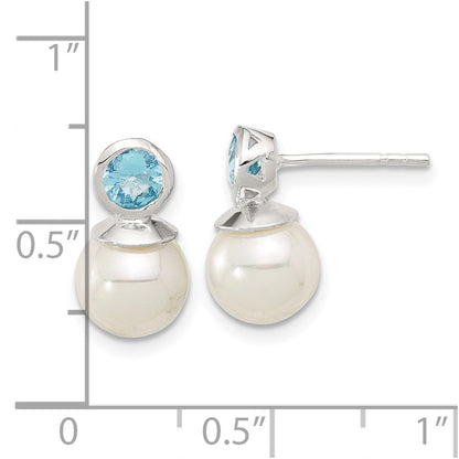Sterlingsilber Poliert Blau Zirkonia und 8-8.5mm Glas Perle Ohrstecker