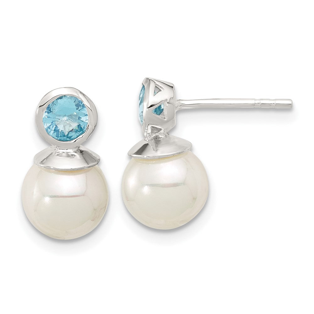 Sterlingsilber Poliert Blau Zirkonia und 8-8.5mm Glas Perle Ohrstecker