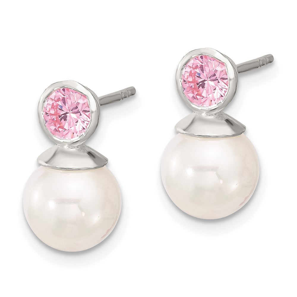 Sterlingsilber Poliert Rosa Zirkonia und 8-8.5mm Glas Perle Ohrstecker