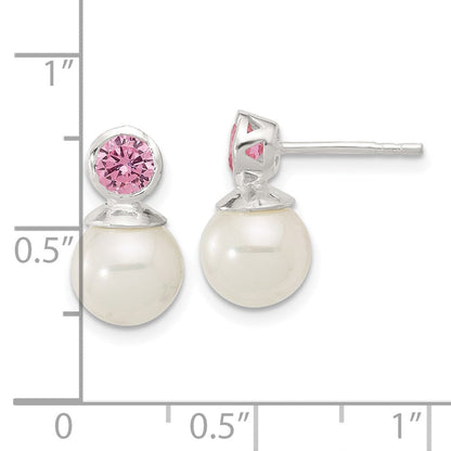 Sterlingsilber Poliert Rosa Zirkonia und 8-8.5mm Glas Perle Ohrstecker