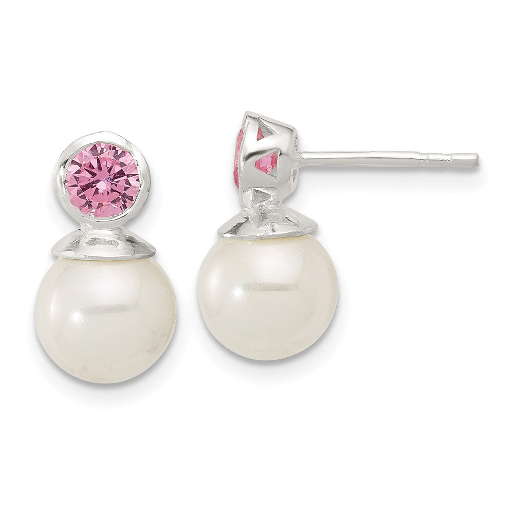 Sterlingsilber Poliert Rosa Zirkonia und 8-8.5mm Glas Perle Ohrstecker