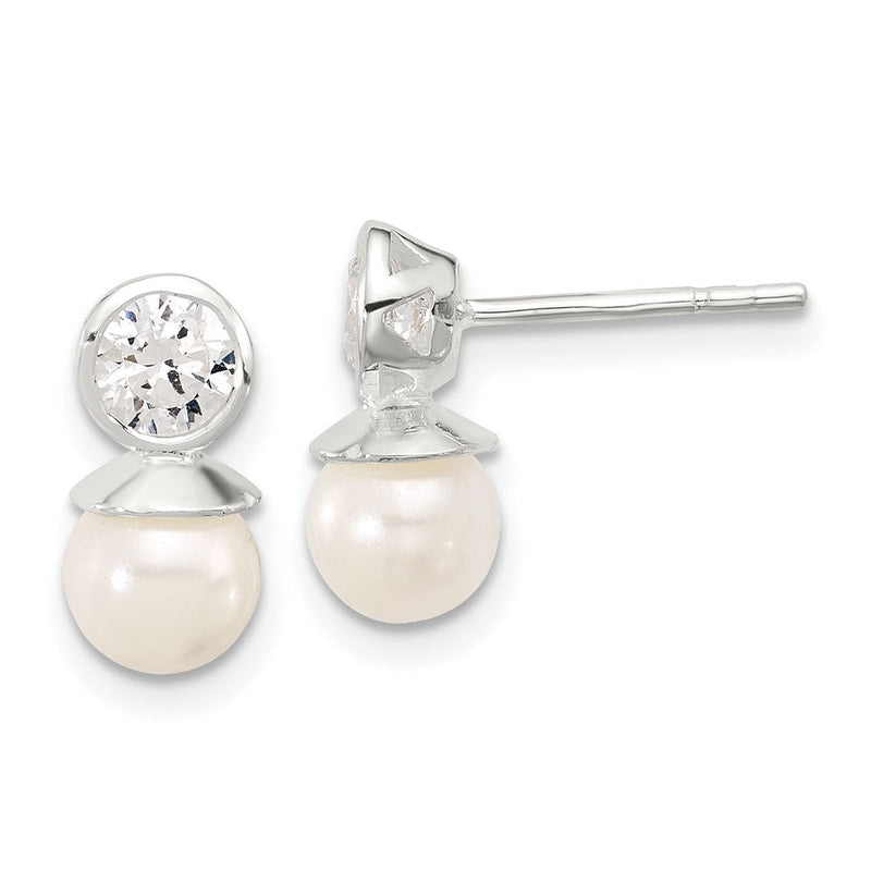 Sterlingsilber Poliert Zirkonia und 6-6.5mm Glas Perle Ohrstecker