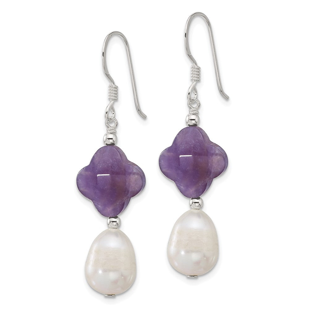 Sterlingsilber Poliert Amethyst Klee und Fwc Perle Ohrhänger