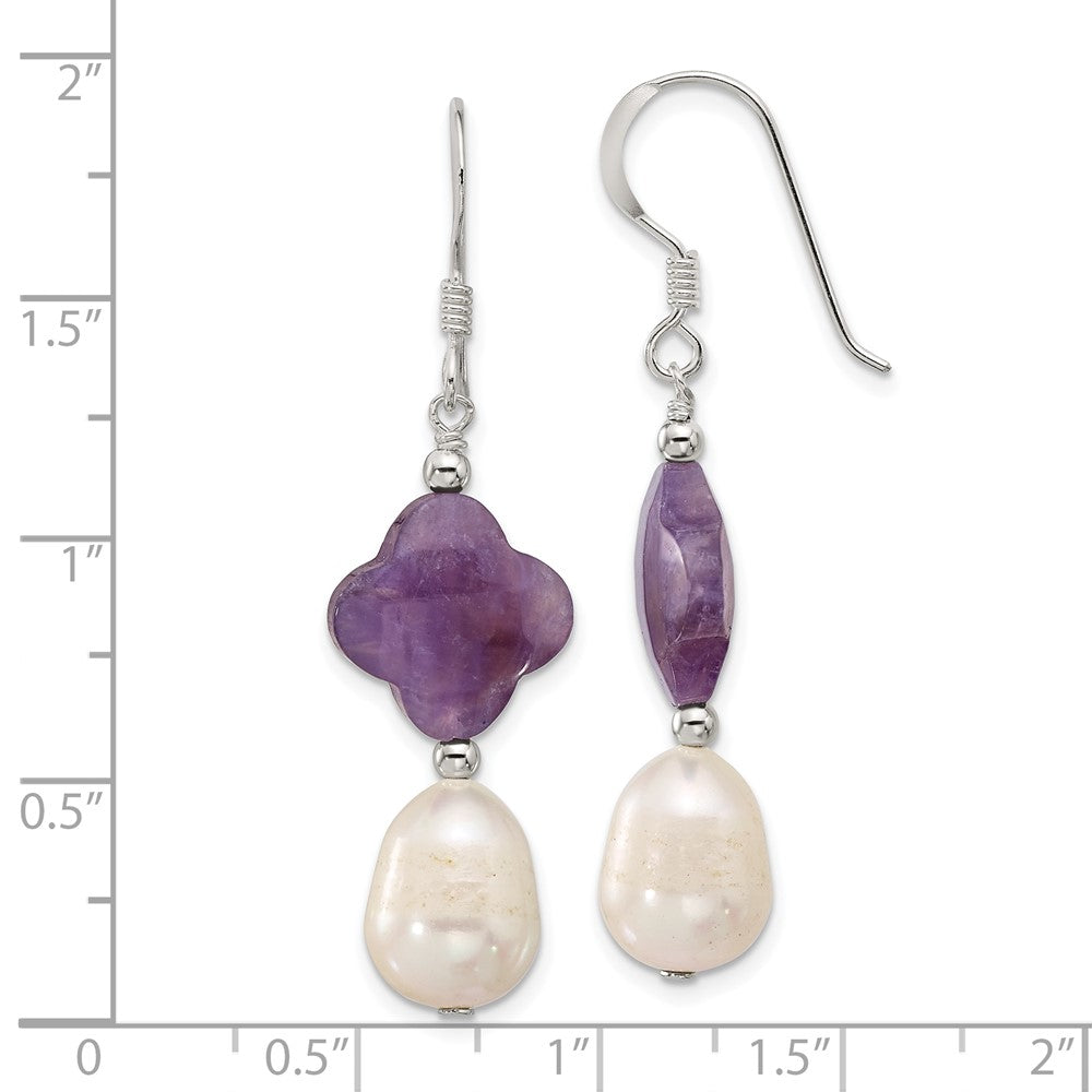 Sterlingsilber Poliert Amethyst Klee und Fwc Perle Ohrhänger