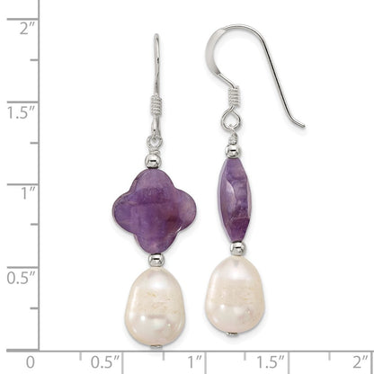 Sterlingsilber Poliert Amethyst Klee und Fwc Perle Ohrhänger