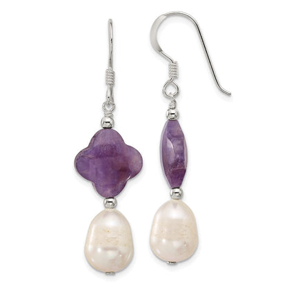Sterlingsilber Poliert Amethyst Klee und Fwc Perle Ohrhänger