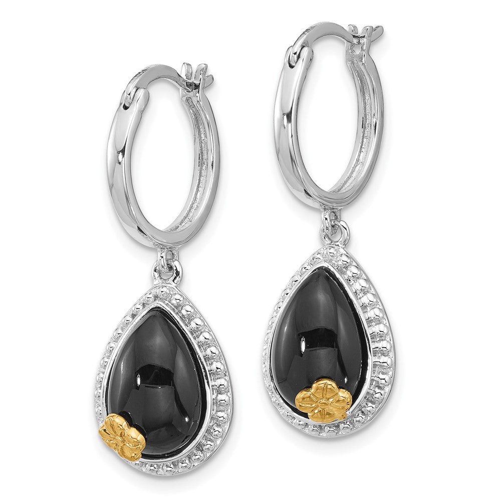 Sterlingsilber Rhodiniert mit Silber/14K Bicolor Akzente Blume Onyx Tropfen Ohrhänger