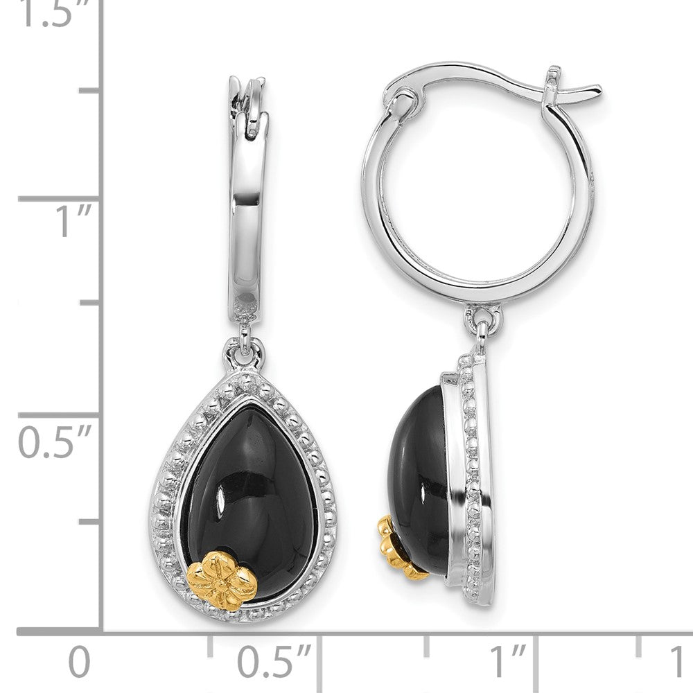 Sterlingsilber Rhodiniert mit Silber/14K Bicolor Akzente Blume Onyx Tropfen Ohrhänger