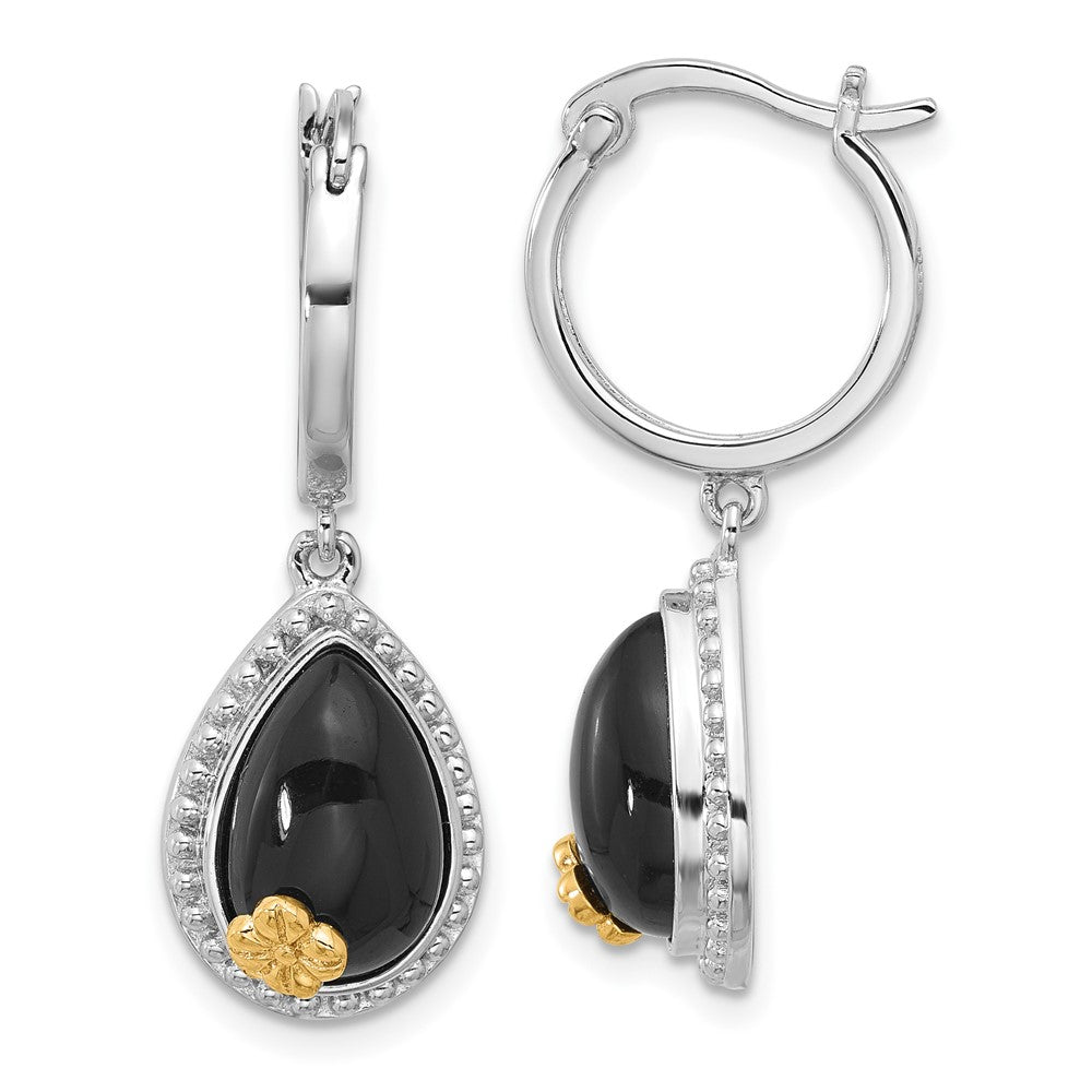 Sterlingsilber Rhodiniert mit Silber/14K Bicolor Akzente Blume Onyx Tropfen Ohrhänger