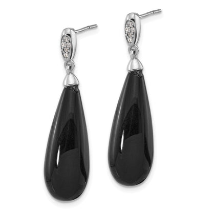 Sterlingsilber Rhodiniert Poliert Zirkonia & Onyx Tropfen Stecker Ohrhänger