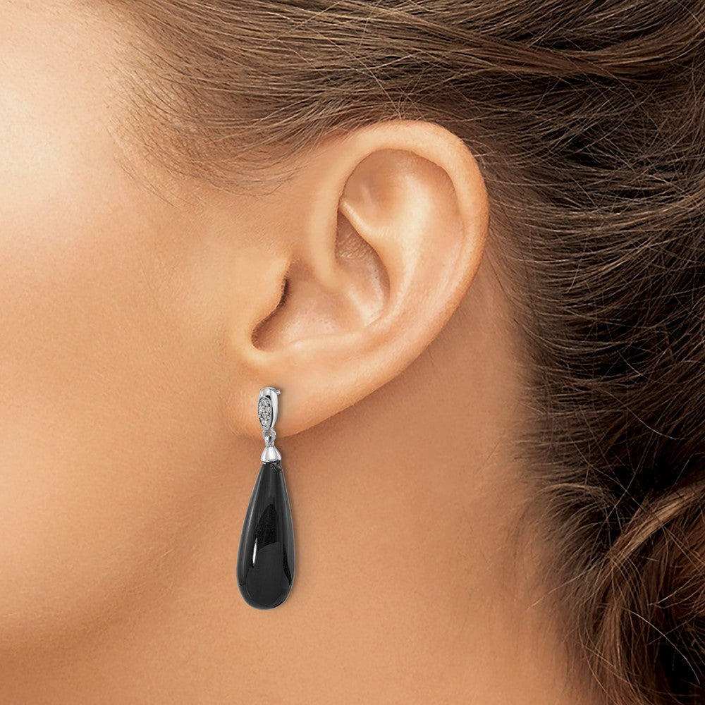 Sterlingsilber Rhodiniert Poliert Zirkonia & Onyx Tropfen Stecker Ohrhänger