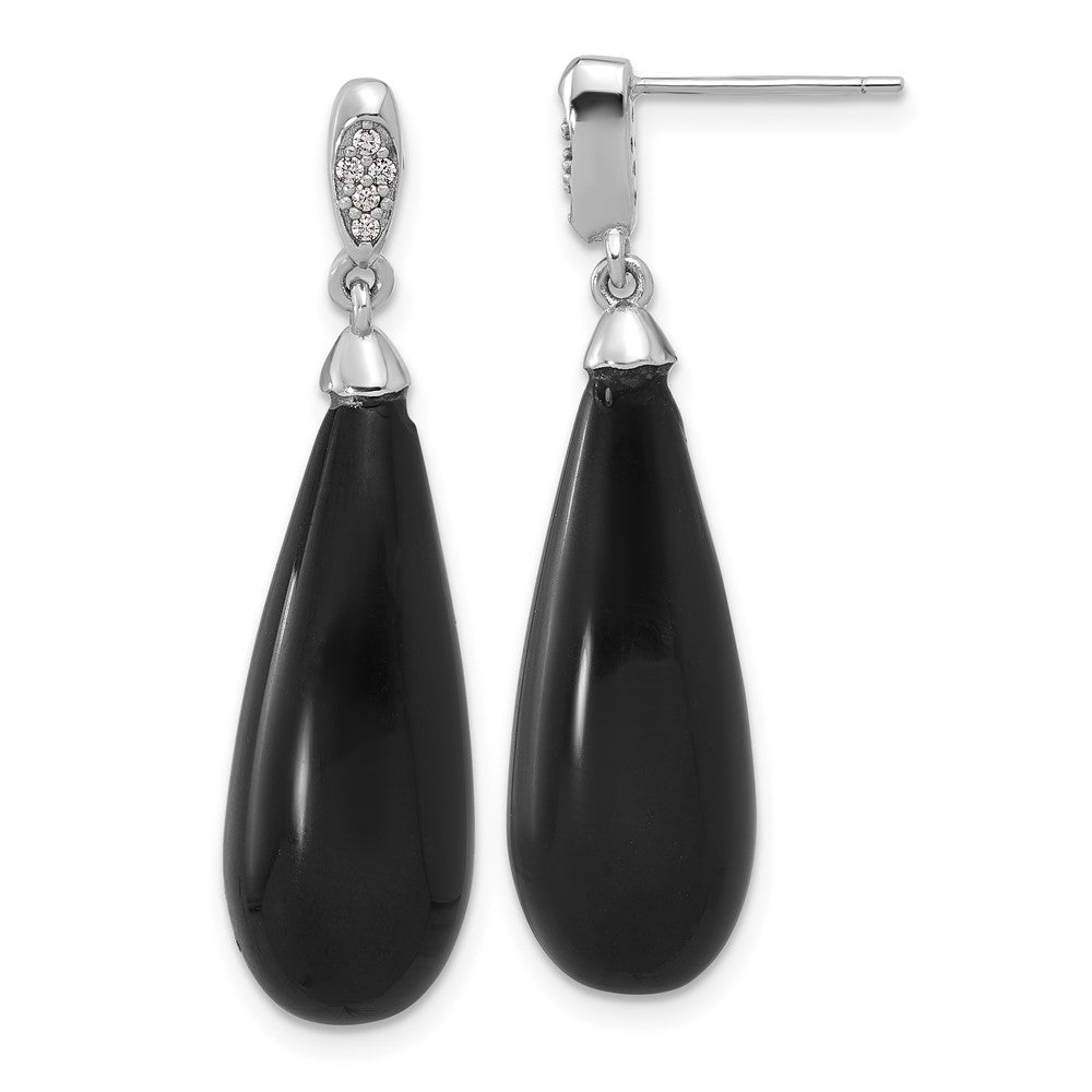 Sterlingsilber Rhodiniert Poliert Zirkonia & Onyx Tropfen Stecker Ohrhänger