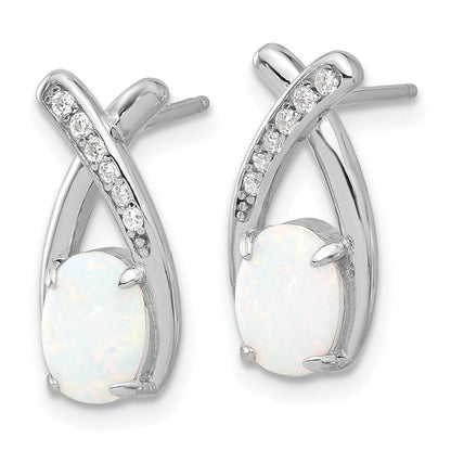 Sterlingsilber Rhodiniert Poliert Zirkonia & Erzeugt Opal 'x' Ohrstecker