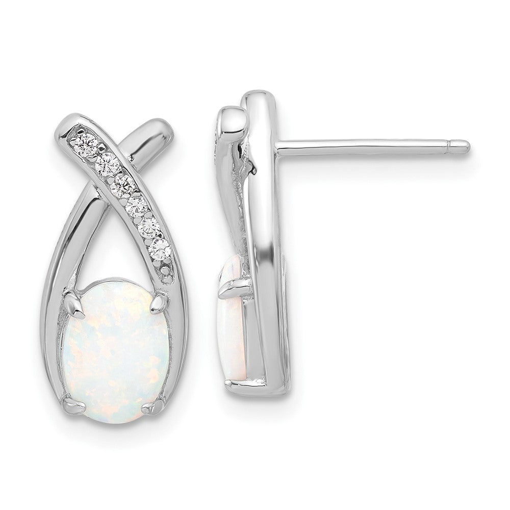 Sterlingsilber Rhodiniert Poliert Zirkonia & Erzeugt Opal 'x' Ohrstecker