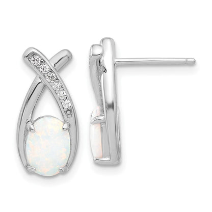 Sterlingsilber Rhodiniert Poliert Zirkonia & Erzeugt Opal 'x' Ohrstecker