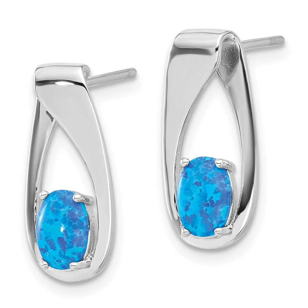 Sterlingsilber Rhodiniert Poliert Blau Erzeugt Opal Oval Ohrstecker