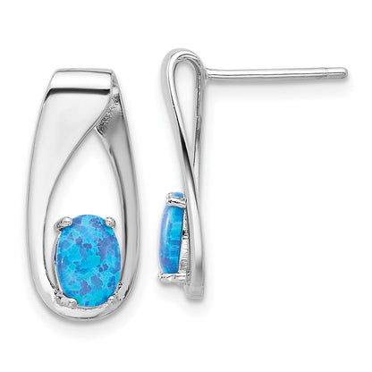 Sterlingsilber Rhodiniert Poliert Blau Erzeugt Opal Oval Ohrstecker