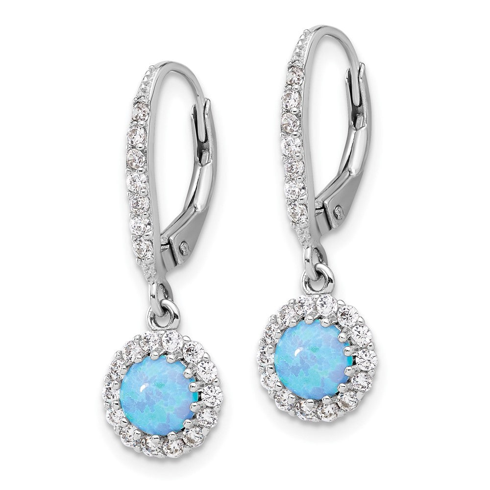 Sterlingsilber Rhodiniert Zirkonia & Blau Cr. Opal Heiligenschein Hängend Ohrhänger mit Brisur