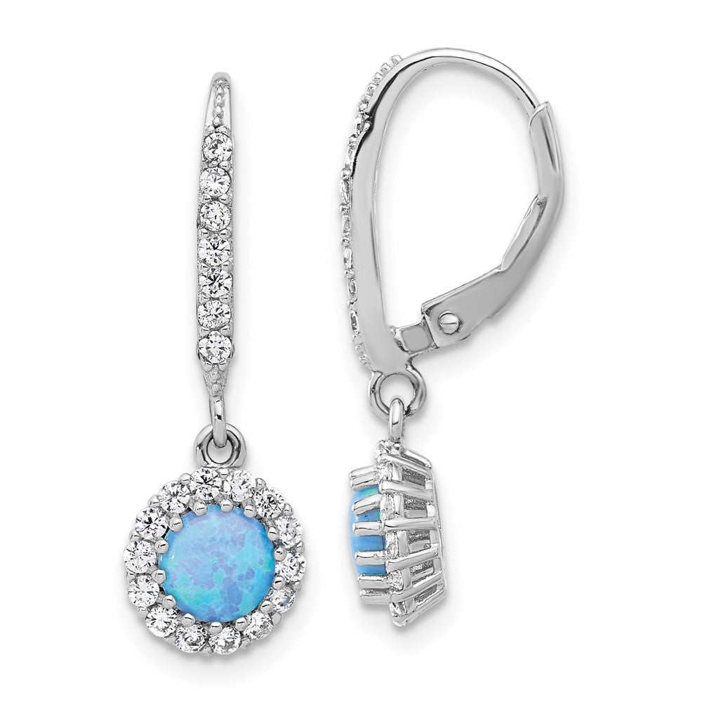 Sterlingsilber Rhodiniert Zirkonia & Blau Cr. Opal Heiligenschein Hängend Ohrhänger mit Brisur