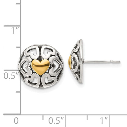 Sterlingsilber Goldfarben Poliert & Antikisiert Herz Kreis Ohrstecker