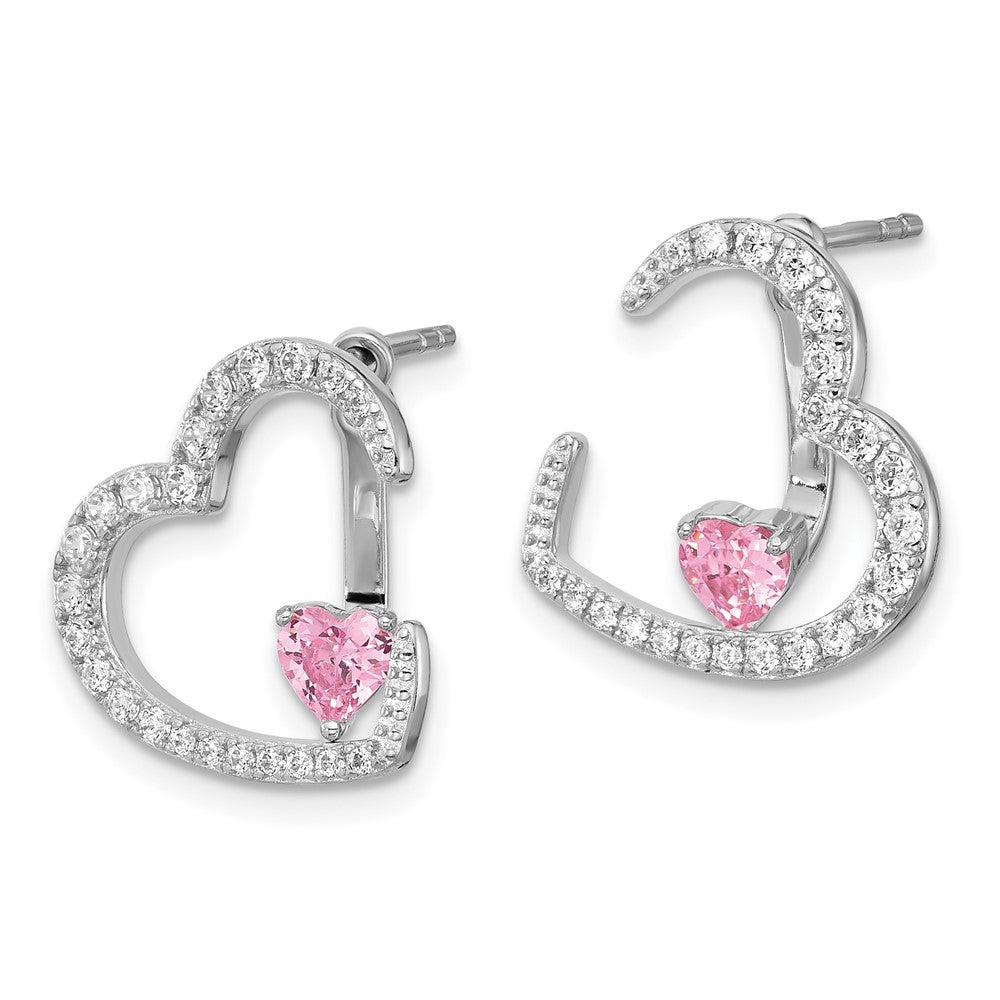 Sterlingsilber Rhodiniert Weiß und Rosa Zirkonia Herz mit Jacke Ohrstecker