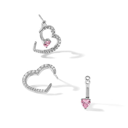Sterlingsilber Rhodiniert Weiß und Rosa Zirkonia Herz mit Jacke Ohrstecker