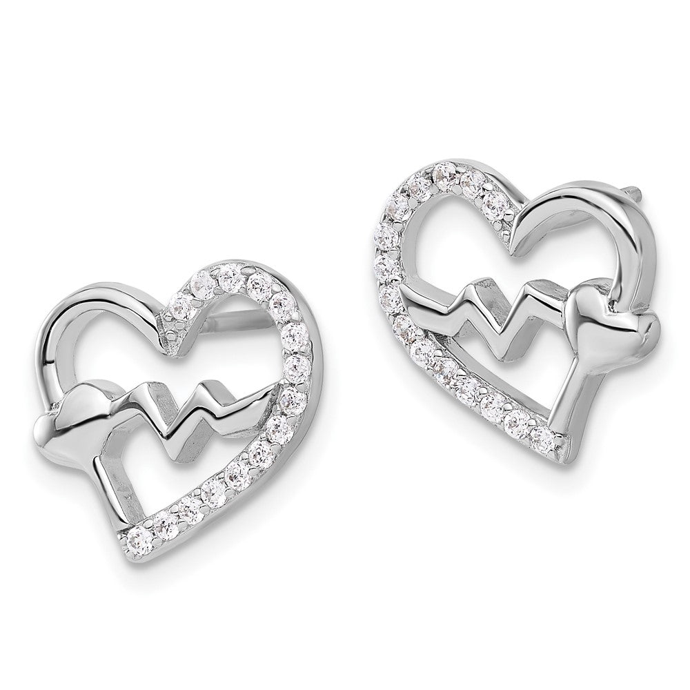 Sterlingsilber Rhodiniert Poliert Zirkonia Heartbeat Herz Ohrstecker