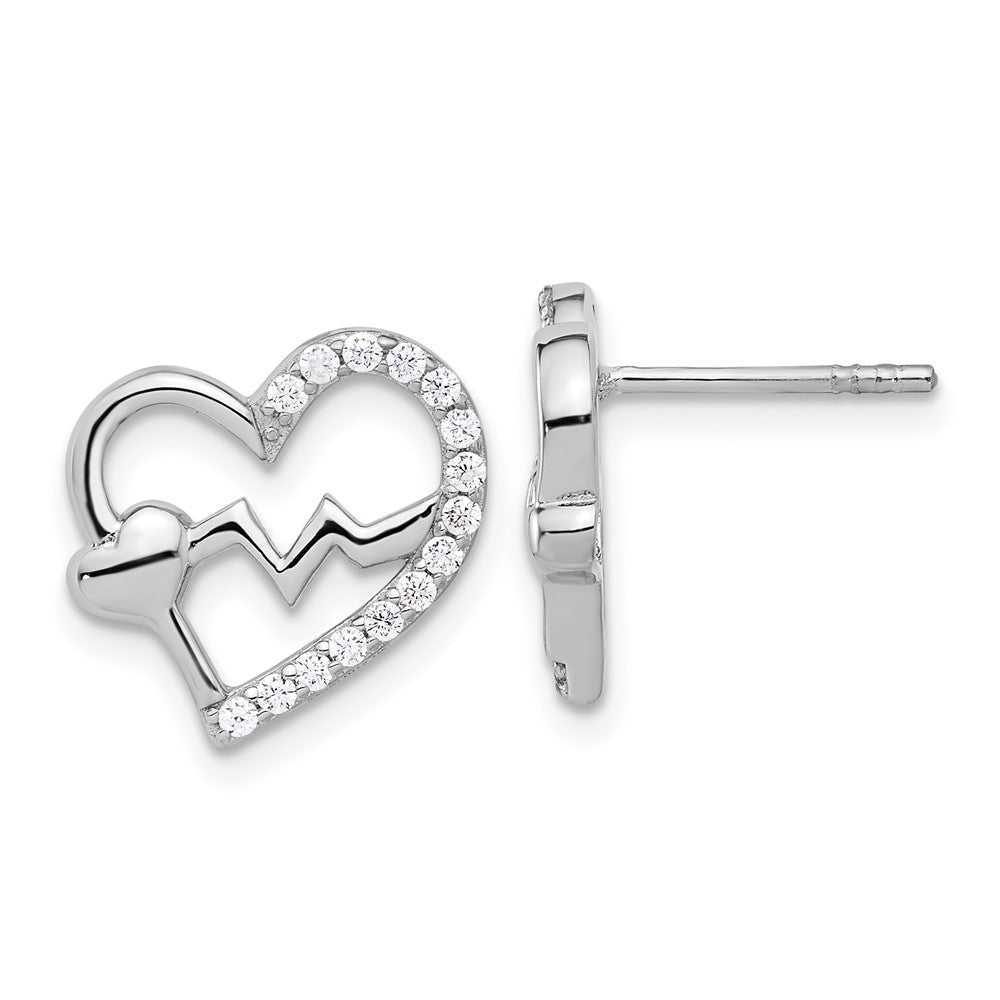 Sterlingsilber Rhodiniert Poliert Zirkonia Heartbeat Herz Ohrstecker