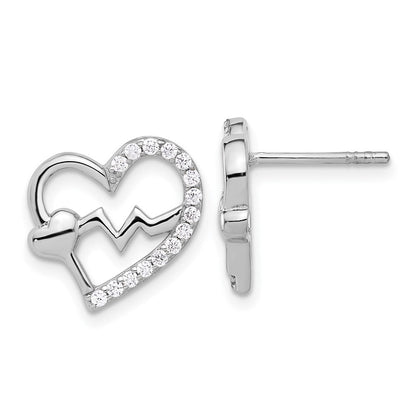 Sterlingsilber Rhodiniert Poliert Zirkonia Heartbeat Herz Ohrstecker