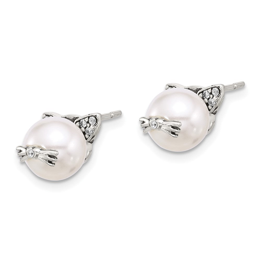 Sterlingsilber Poliert und Antikisiert Zirkonia und Syn. Perle Katze Ohrstecker