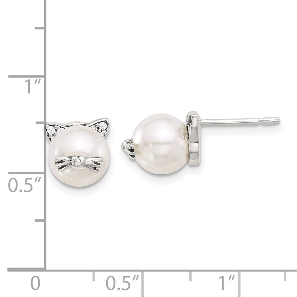 Sterlingsilber Poliert und Antikisiert Zirkonia und Syn. Perle Katze Ohrstecker