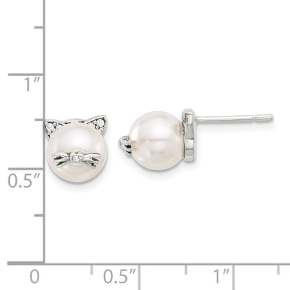 Sterlingsilber Poliert und Antikisiert Zirkonia und Syn. Perle Katze Ohrstecker