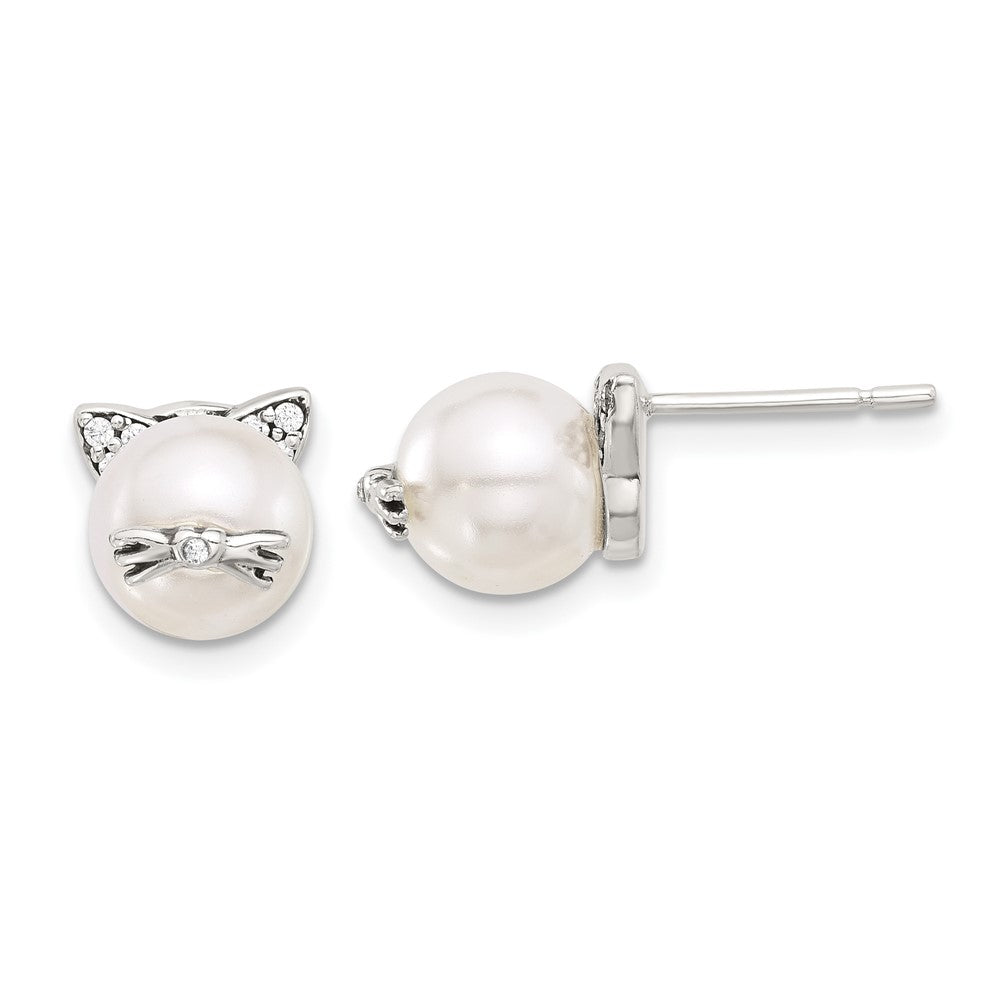 Sterlingsilber Poliert und Antikisiert Zirkonia und Syn. Perle Katze Ohrstecker