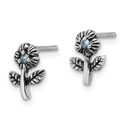 Sterlingsilber Rhodiniert Antikisiert mit Blau Zirkonia Blume Ohrstecker