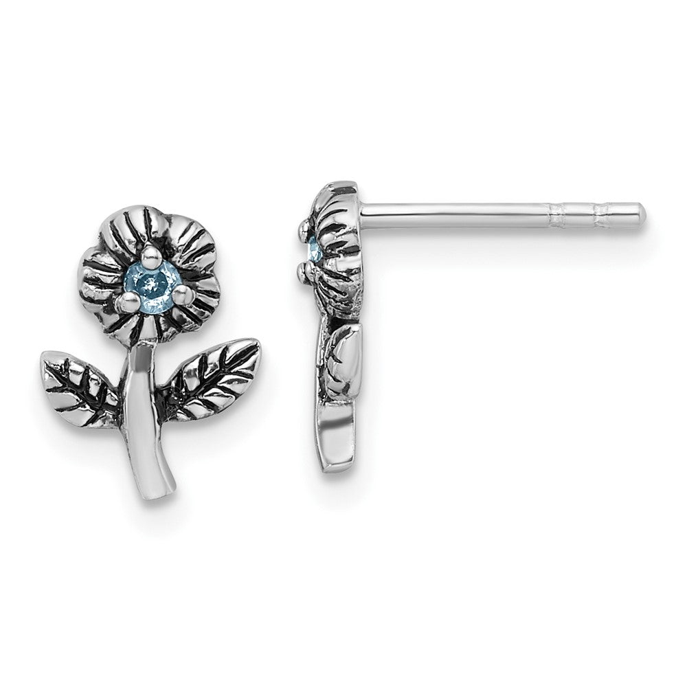 Sterlingsilber Rhodiniert Antikisiert mit Blau Zirkonia Blume Ohrstecker