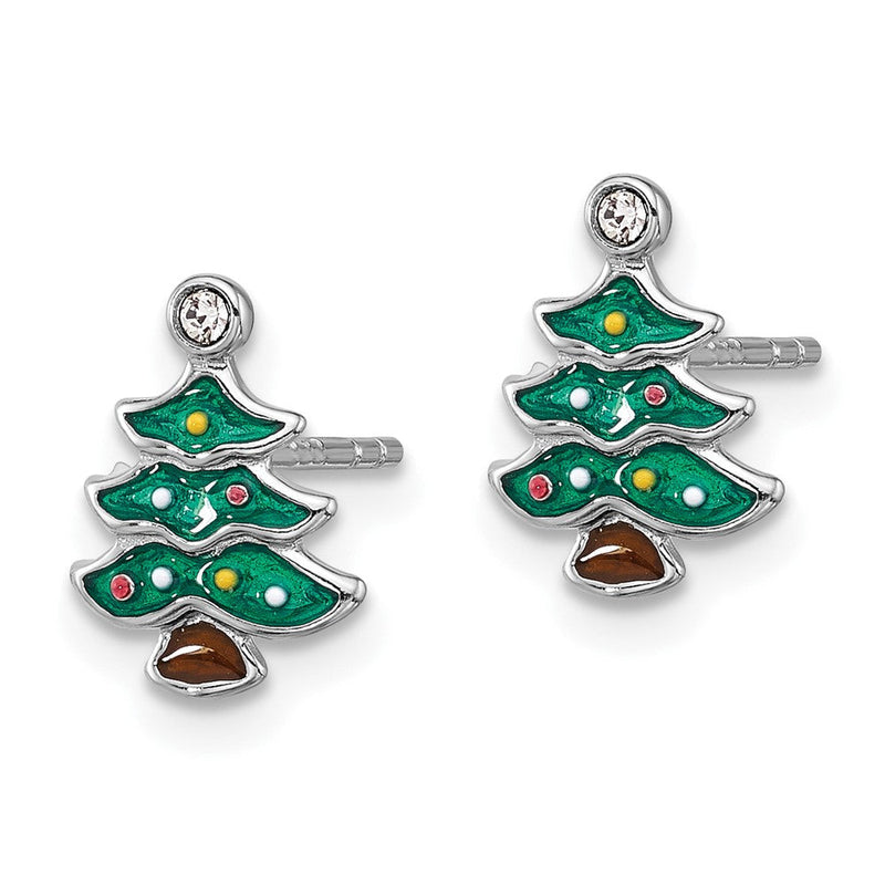 Sterlingsilber Rhodiniert Grün Emaille Kristall Weihnachten Baum Ohrstecker