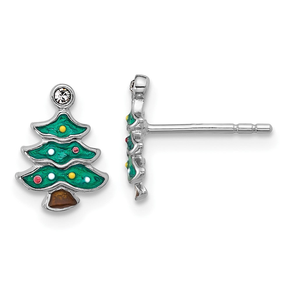 Sterlingsilber Rhodiniert Grün Emaille Kristall Weihnachten Baum Ohrstecker
