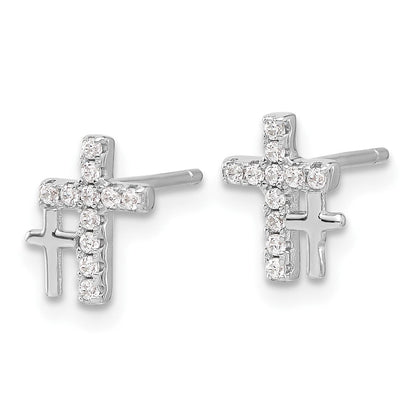 Sterlingsilber Rhodiniert Poliert Zirkonia Doppelt Kreuz Ohrstecker