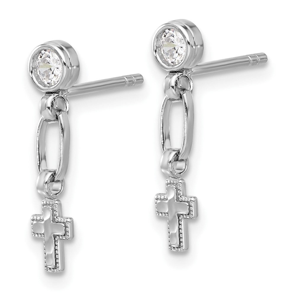 Sterlingsilber Rhodiniert Poliert & Strukturiert Zirkonia Kreuz Stecker Ohrhänger