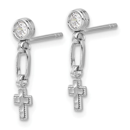Sterlingsilber Rhodiniert Poliert & Strukturiert Zirkonia Kreuz Stecker Ohrhänger
