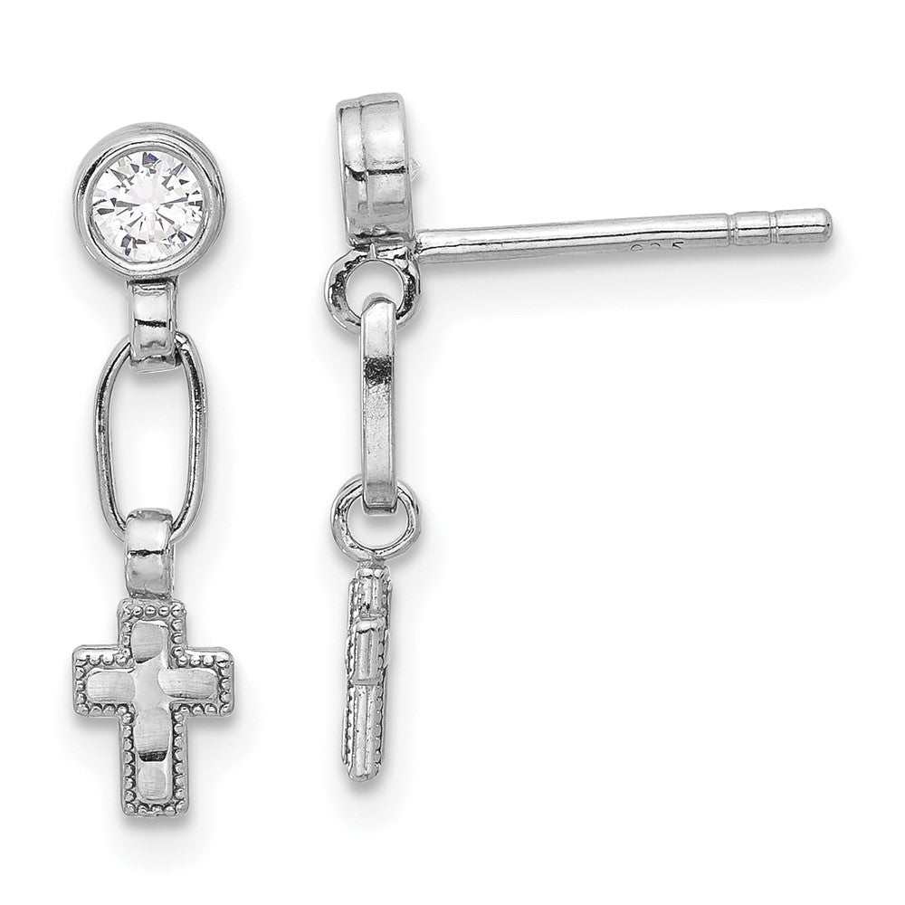 Sterlingsilber Rhodiniert Poliert & Strukturiert Zirkonia Kreuz Stecker Ohrhänger