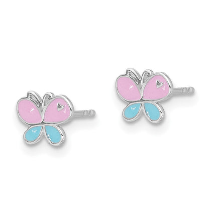 Sterlingsilber Rhodiniert Blau/pink Emaille Schmetterling Kinder Ohrstecker