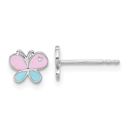 Sterlingsilber Rhodiniert Blau/pink Emaille Schmetterling Kinder Ohrstecker