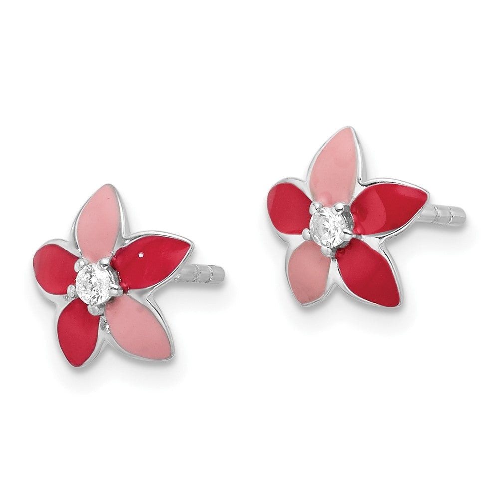 Sterlingsilber Rhodiniert Rosa Emaille & Zirkonia Blume Kinder Ohrstecker